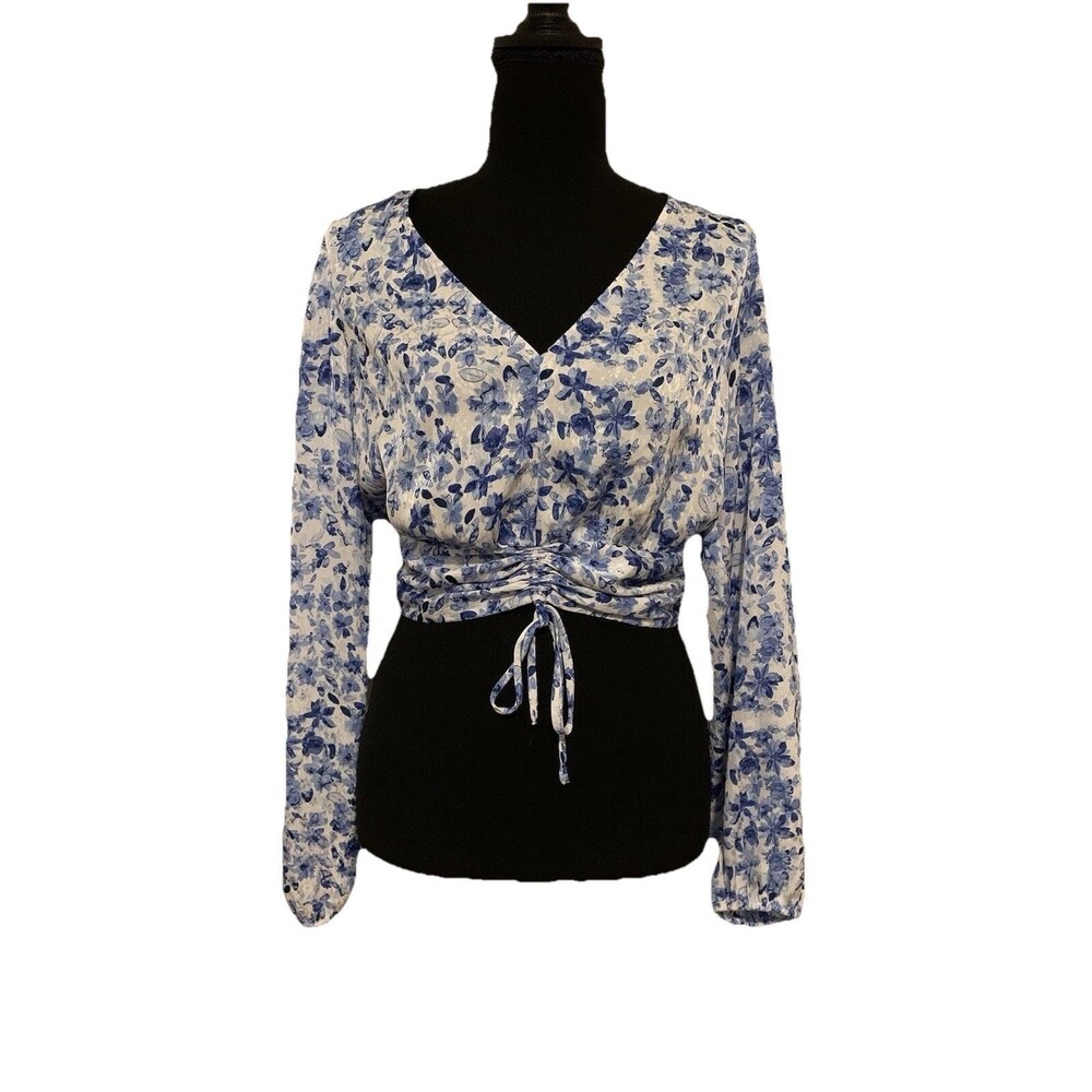 H&M Womens Floral Long Sleeve Top Size Small S Smocked Tie Waist Semi Sheer